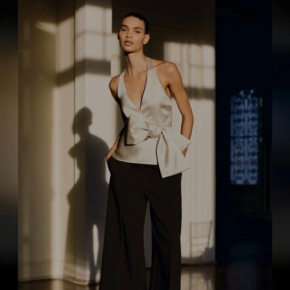 ZARA CHAMPAYNE/GOLD SATIN EFFECT HALTER TOP WITH LARGE BOW ACCENT ✨️SIZE M & L✨️ - Picture 7 of 10